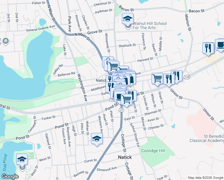 map of restaurants, bars, coffee shops, grocery stores, and more near 20 Middlesex Avenue in Natick