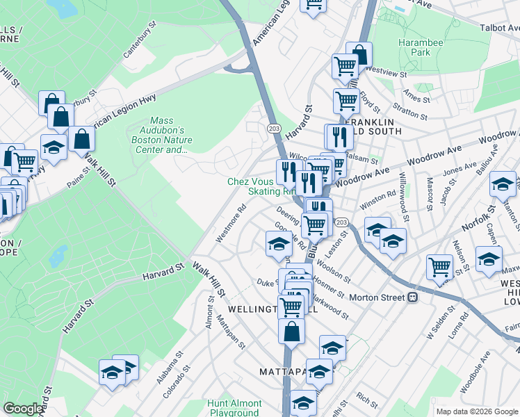 map of restaurants, bars, coffee shops, grocery stores, and more near 4 Westmore Road in Boston