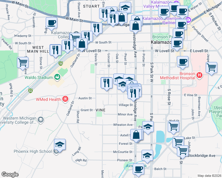 map of restaurants, bars, coffee shops, grocery stores, and more near 635 Locust Street in Kalamazoo
