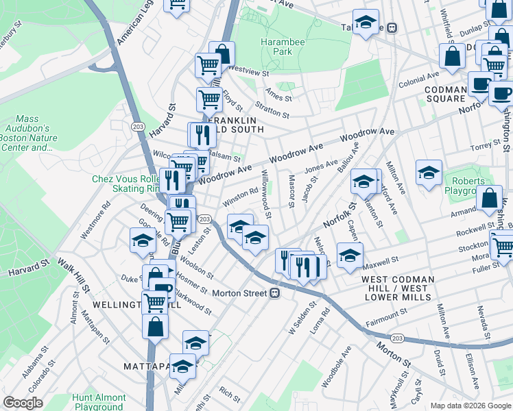 map of restaurants, bars, coffee shops, grocery stores, and more near 7 Marden Avenue in Boston