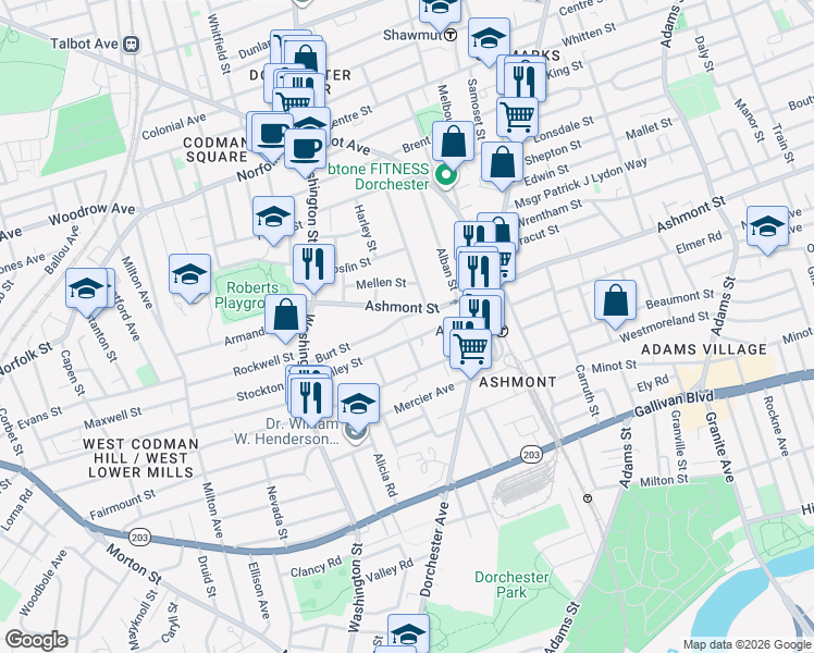 map of restaurants, bars, coffee shops, grocery stores, and more near 2 Burt Street in Boston
