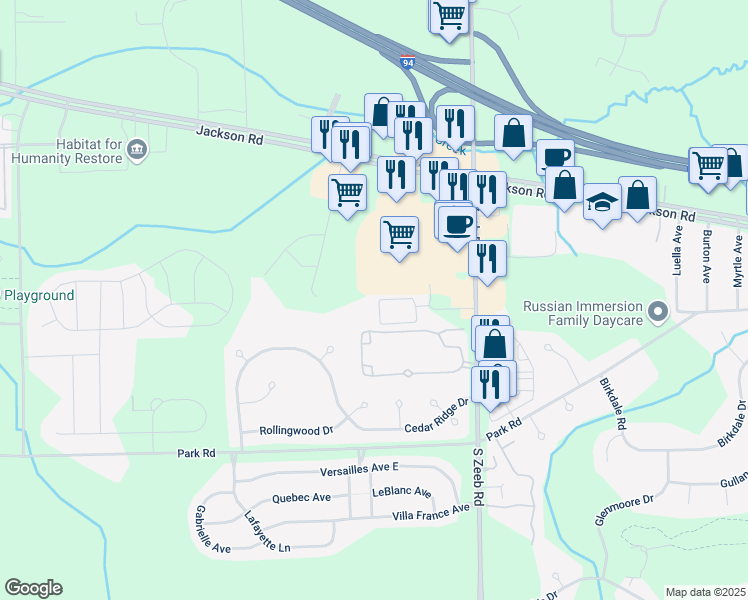 map of restaurants, bars, coffee shops, grocery stores, and more near 5570 Arbor Chase Drive in Ann Arbor