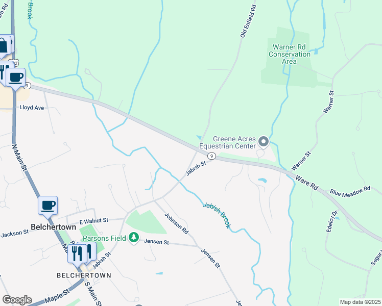 map of restaurants, bars, coffee shops, grocery stores, and more near 173-199 Sargent St in Belchertown