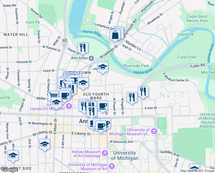 map of restaurants, bars, coffee shops, grocery stores, and more near 707 East Kingsley Street in Ann Arbor