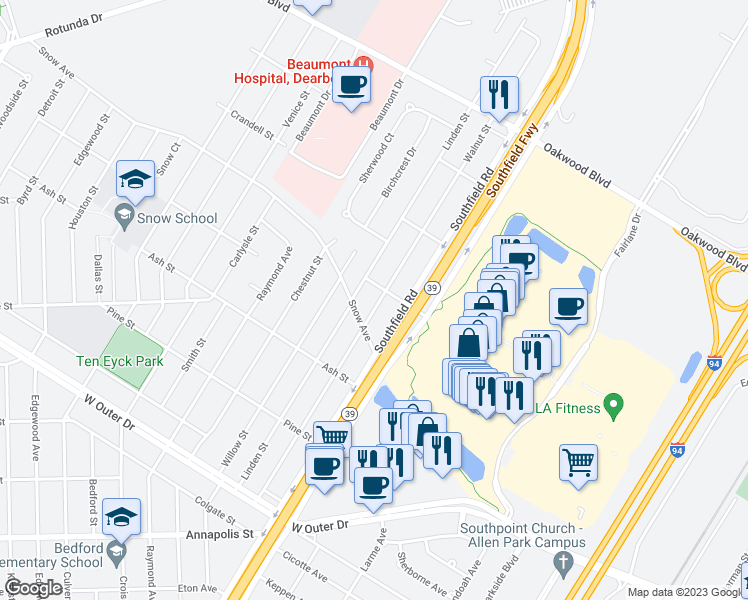 map of restaurants, bars, coffee shops, grocery stores, and more near 1928 Walnut Street in Dearborn