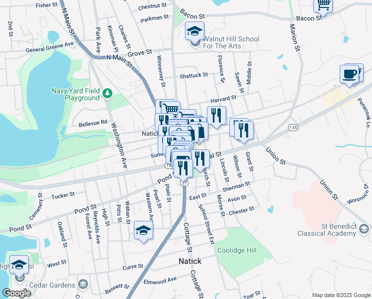 map of restaurants, bars, coffee shops, grocery stores, and more near 24 Massachusetts 27 in Natick