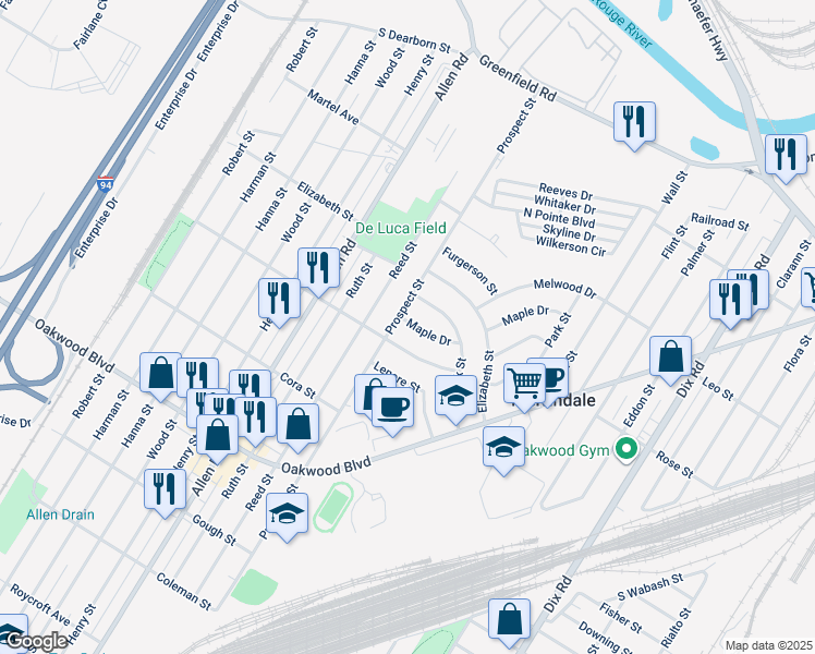 map of restaurants, bars, coffee shops, grocery stores, and more near in Melvindale