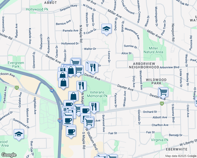 map of restaurants, bars, coffee shops, grocery stores, and more near 2340 Dexter Avenue in Ann Arbor