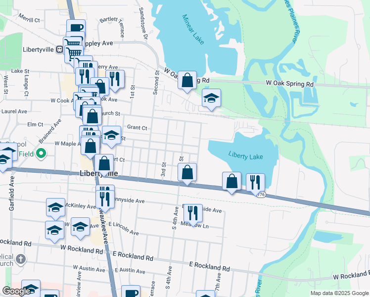 map of restaurants, bars, coffee shops, grocery stores, and more near 601 Broadway Street in Libertyville