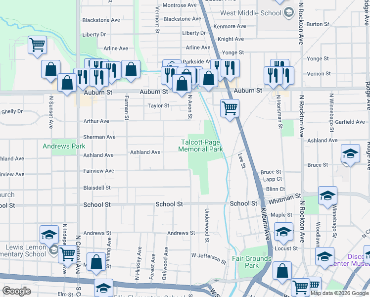 map of restaurants, bars, coffee shops, grocery stores, and more near 1121 Ashland Avenue in Rockford