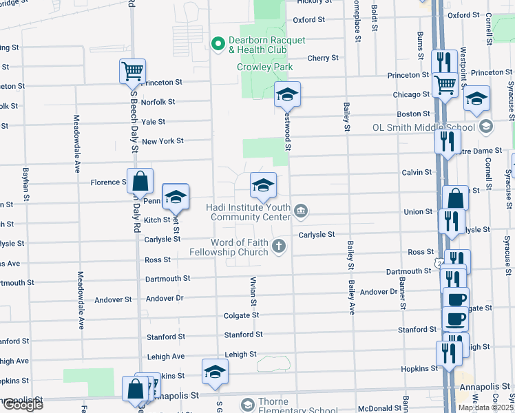 map of restaurants, bars, coffee shops, grocery stores, and more near 3530 Westwood Street in Dearborn