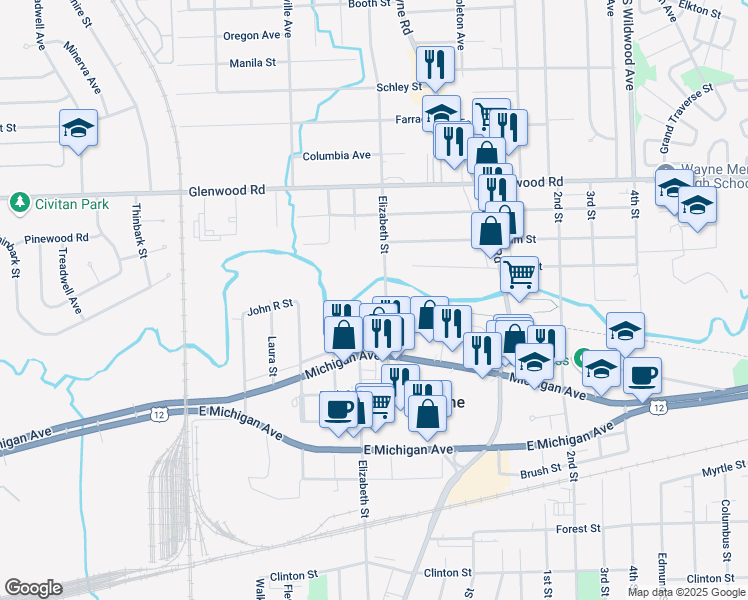 map of restaurants, bars, coffee shops, grocery stores, and more near 3240 Elizabeth Street in Wayne