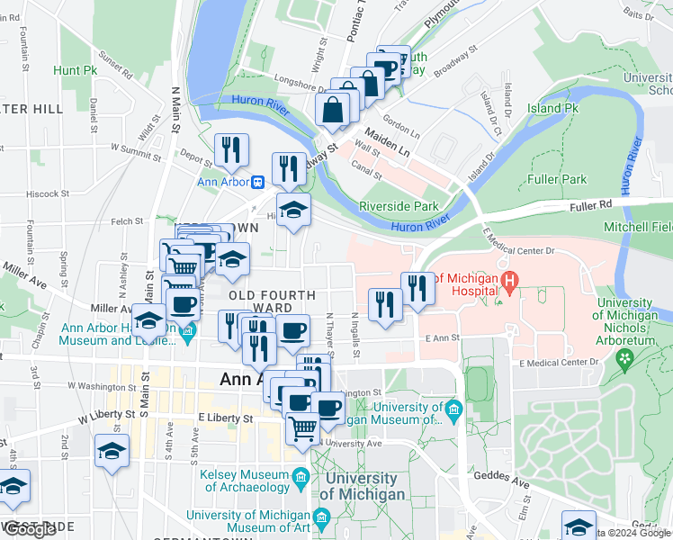 map of restaurants, bars, coffee shops, grocery stores, and more near 806 East Kingsley Street in Ann Arbor