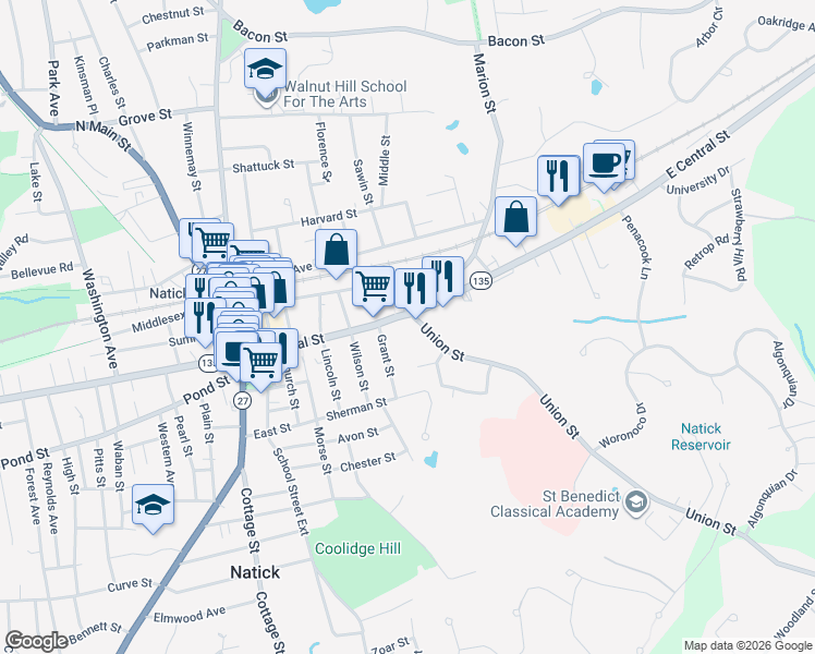 map of restaurants, bars, coffee shops, grocery stores, and more near 61 East Central Street in Natick
