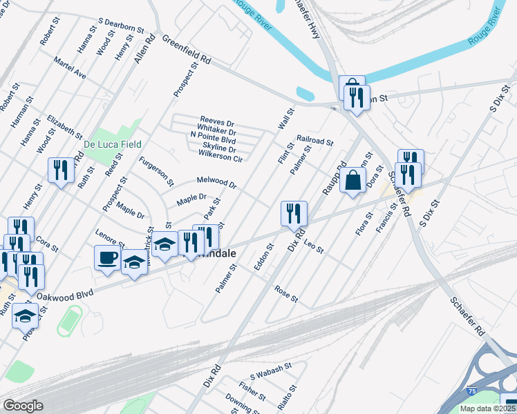 map of restaurants, bars, coffee shops, grocery stores, and more near 17380 Flint Street in Melvindale