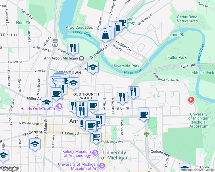 map of restaurants, bars, coffee shops, grocery stores, and more near 808 East Kingsley Street in Ann Arbor