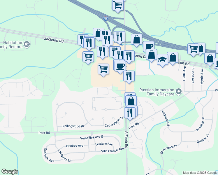 map of restaurants, bars, coffee shops, grocery stores, and more near 5502 Arbor Chase Drive in Ann Arbor