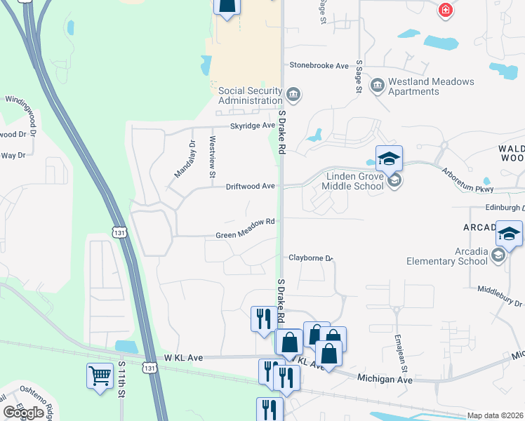 map of restaurants, bars, coffee shops, grocery stores, and more near 5110 Green Meadow Road in Kalamazoo
