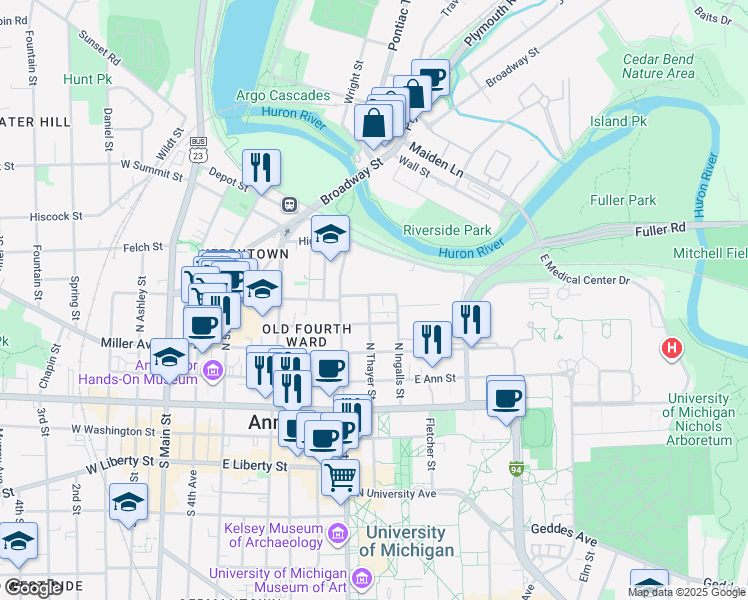 map of restaurants, bars, coffee shops, grocery stores, and more near 802 East Kingsley Street in Ann Arbor