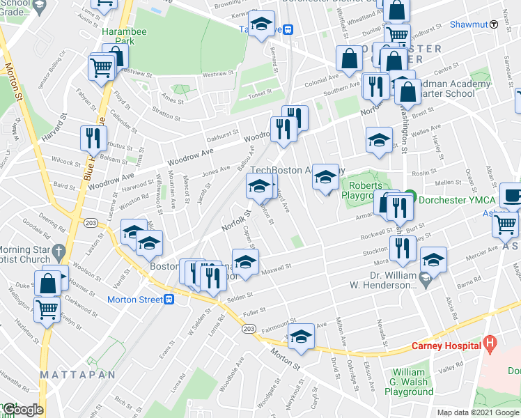 map of restaurants, bars, coffee shops, grocery stores, and more near 29 Stanton Street in Boston