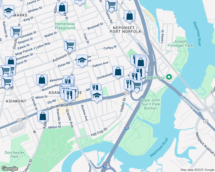 map of restaurants, bars, coffee shops, grocery stores, and more near 80 Minot Street in Boston