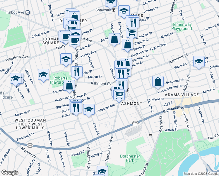 map of restaurants, bars, coffee shops, grocery stores, and more near 2 Burt Street in Boston