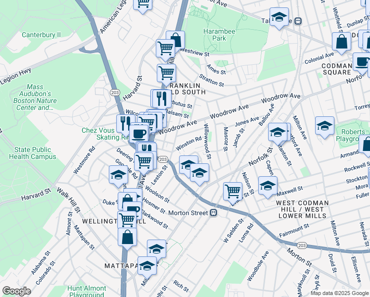 map of restaurants, bars, coffee shops, grocery stores, and more near 46 Winston Road in Boston