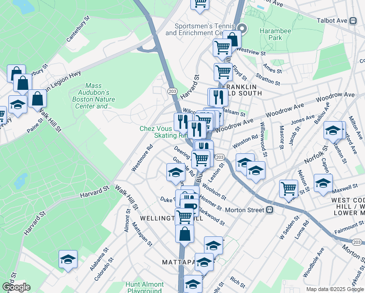 map of restaurants, bars, coffee shops, grocery stores, and more near 150 Wellington Hill Street in Boston