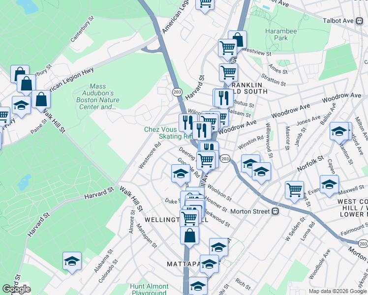 map of restaurants, bars, coffee shops, grocery stores, and more near 150 Wellington Hill Street in Boston
