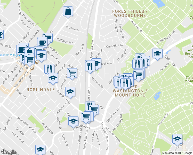 map of restaurants, bars, coffee shops, grocery stores, and more near 58 Philbrick Street in Boston