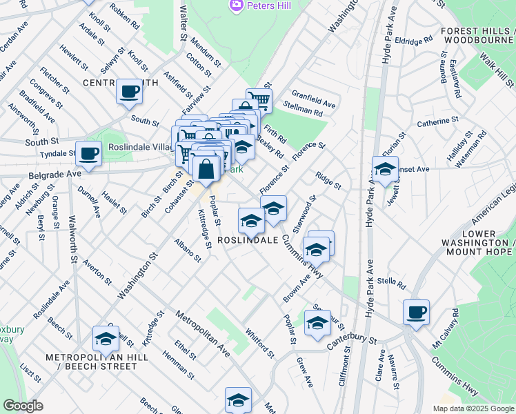 map of restaurants, bars, coffee shops, grocery stores, and more near 62 Cummins Highway in Boston