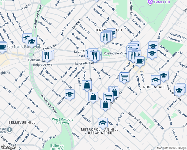 map of restaurants, bars, coffee shops, grocery stores, and more near 72 Walworth Street in Boston