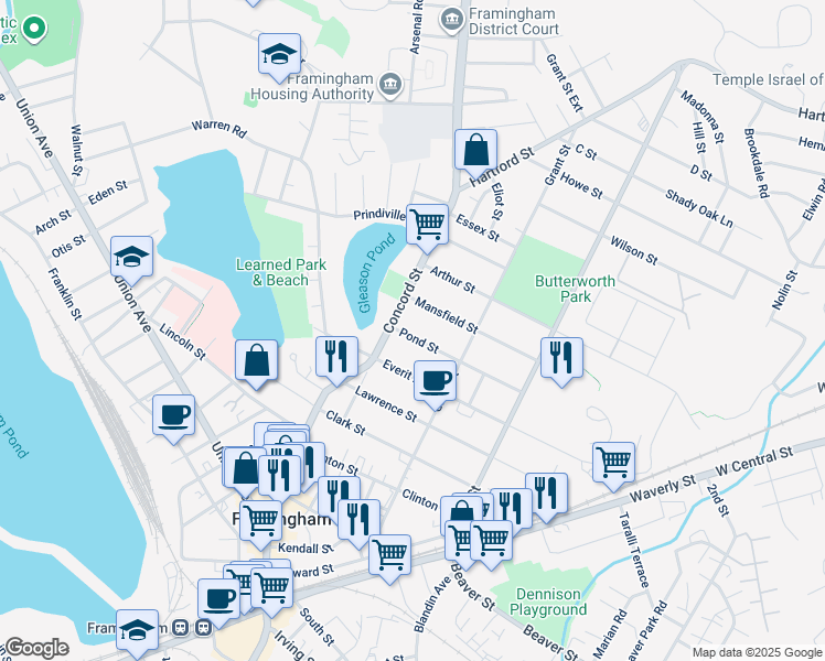 map of restaurants, bars, coffee shops, grocery stores, and more near 23 Mansfield Street in Framingham