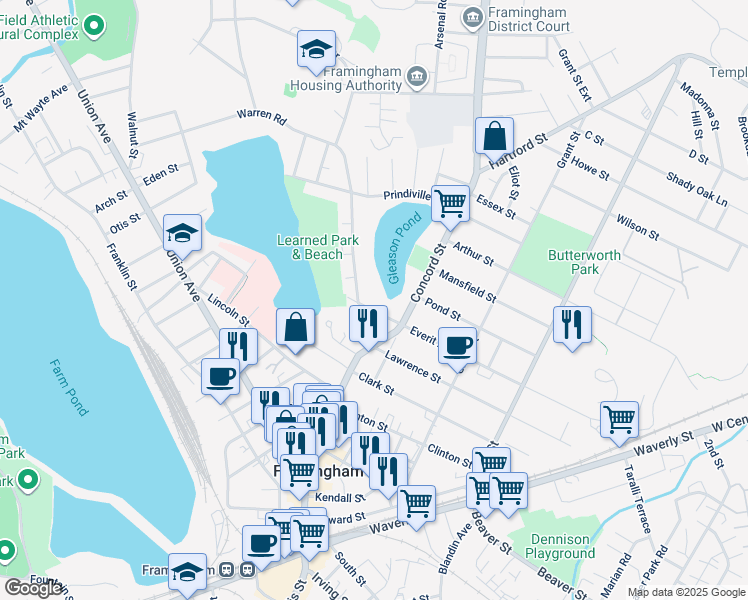 map of restaurants, bars, coffee shops, grocery stores, and more near 25 Dennison Avenue in Framingham