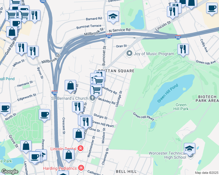 map of restaurants, bars, coffee shops, grocery stores, and more near 12 Duxbury Road in Worcester