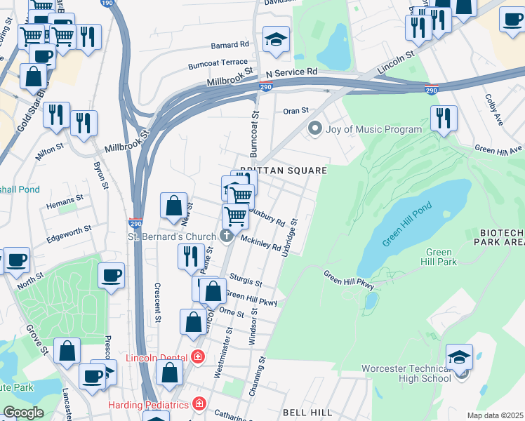 map of restaurants, bars, coffee shops, grocery stores, and more near 12 Duxbury Road in Worcester