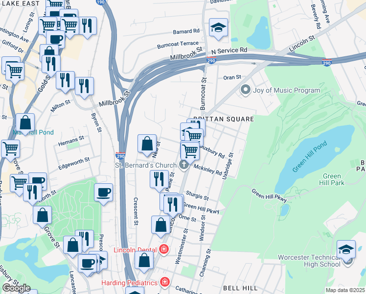 map of restaurants, bars, coffee shops, grocery stores, and more near 107 Paine Street in Worcester