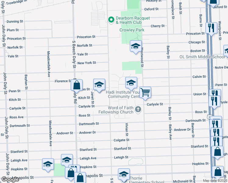 map of restaurants, bars, coffee shops, grocery stores, and more near 3520 Heritage Parkway in Dearborn