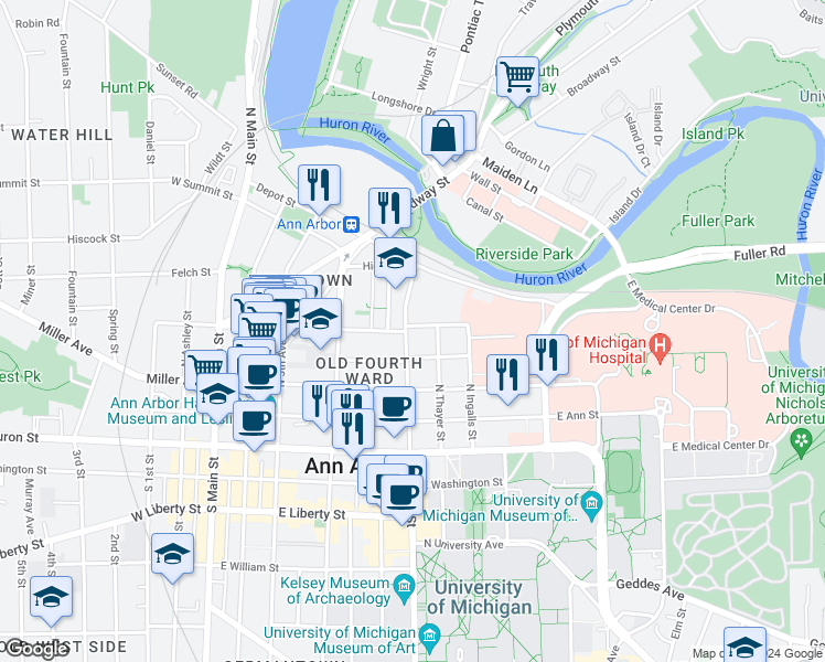 map of restaurants, bars, coffee shops, grocery stores, and more near 707 East Kingsley Street in Ann Arbor