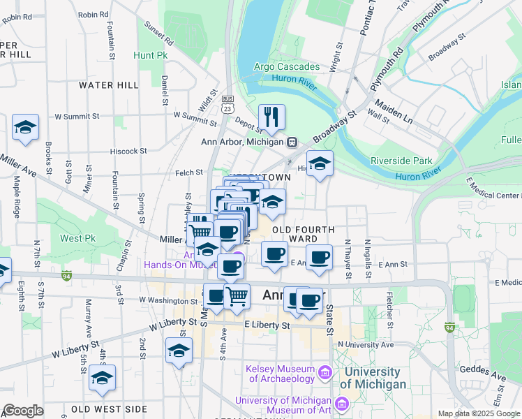 map of restaurants, bars, coffee shops, grocery stores, and more near 509 Detroit Street in Ann Arbor