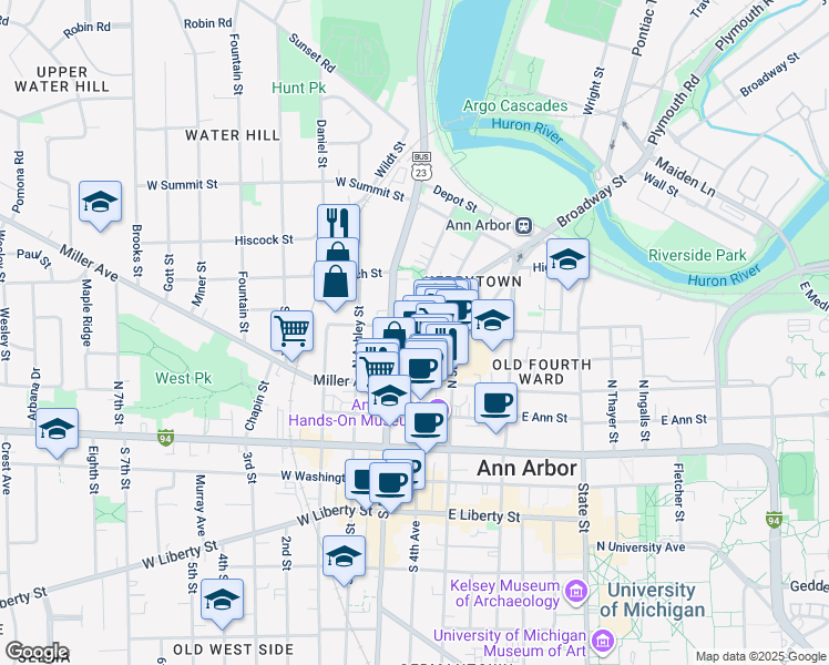 map of restaurants, bars, coffee shops, grocery stores, and more near 500 North Main Street in Ann Arbor