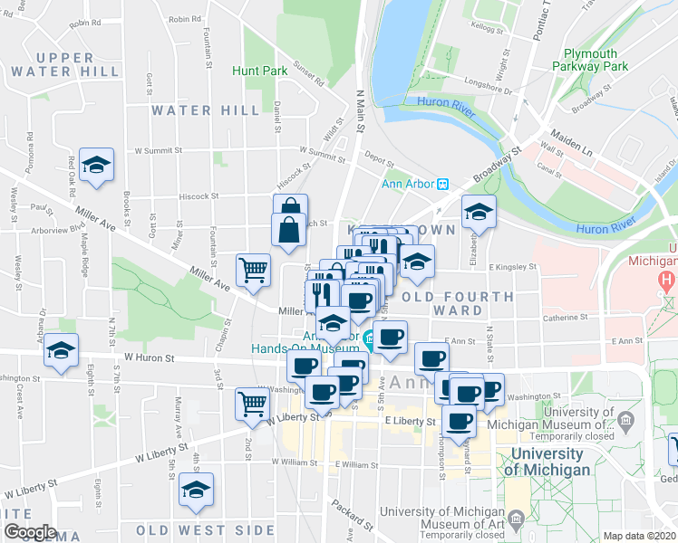 map of restaurants, bars, coffee shops, grocery stores, and more near 500 North Main Street in Ann Arbor