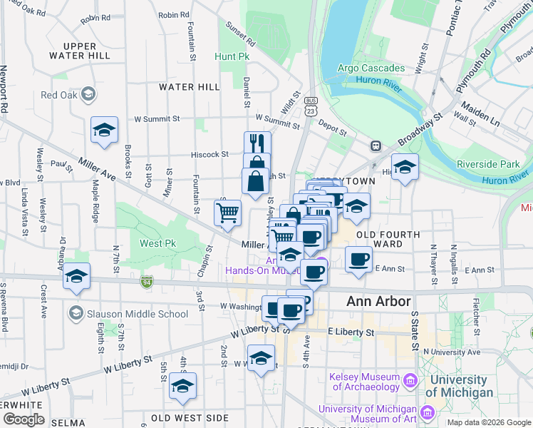 map of restaurants, bars, coffee shops, grocery stores, and more near 122 West Kingsley Street in Ann Arbor