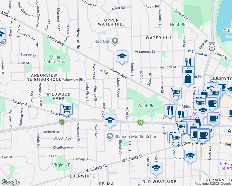 map of restaurants, bars, coffee shops, grocery stores, and more near 314 Maple Ridge in Ann Arbor