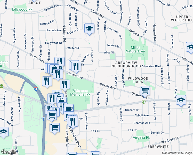 map of restaurants, bars, coffee shops, grocery stores, and more near 234 Lyn Anne Court in Ann Arbor