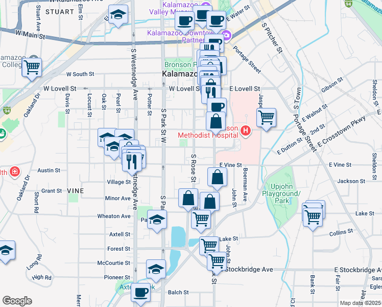 map of restaurants, bars, coffee shops, grocery stores, and more near 219 West Dutton Street in Kalamazoo