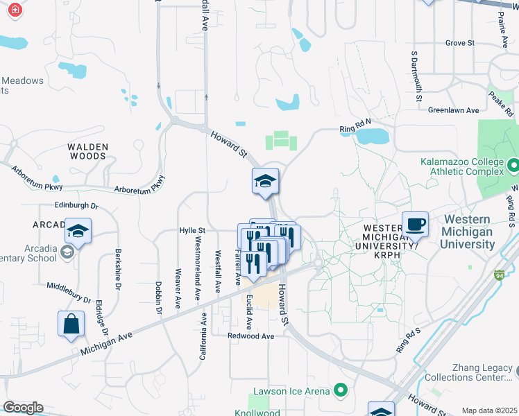map of restaurants, bars, coffee shops, grocery stores, and more near 710 Howard Street in Kalamazoo