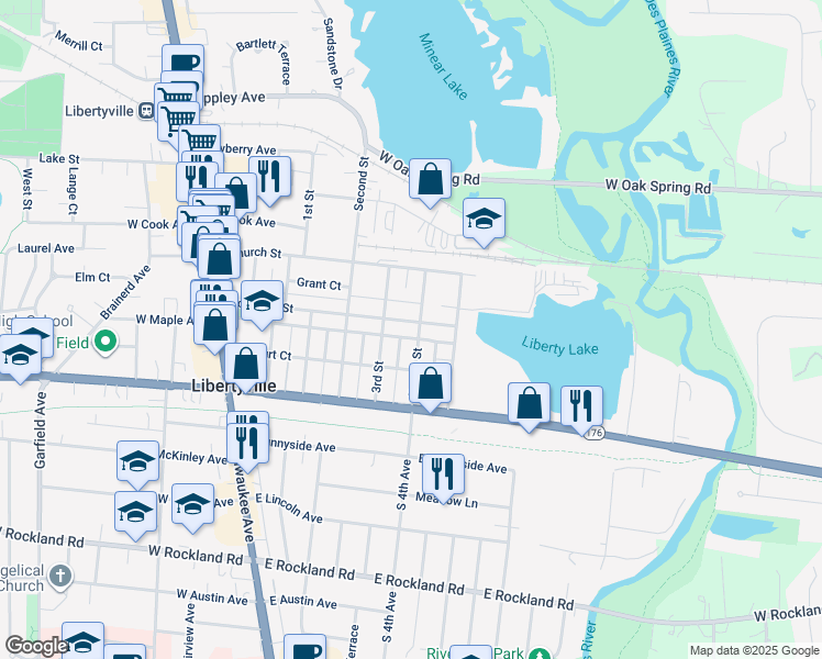 map of restaurants, bars, coffee shops, grocery stores, and more near 518 Broadway Street in Libertyville