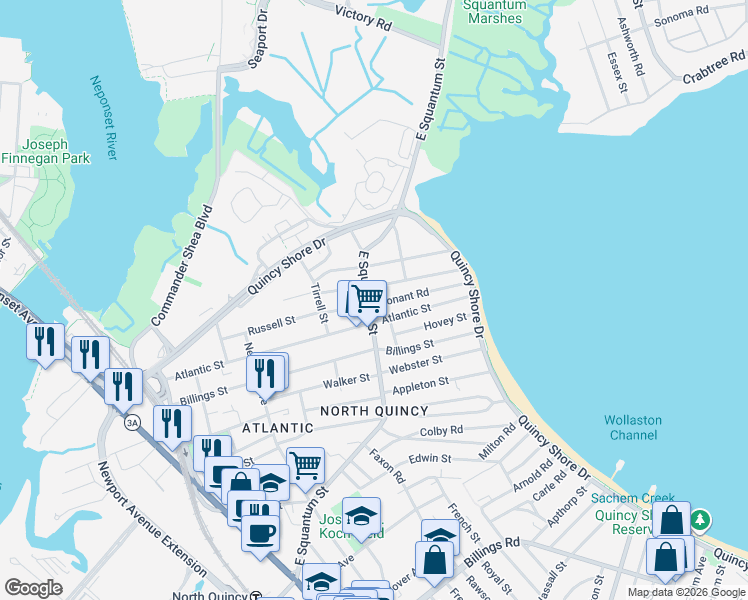 map of restaurants, bars, coffee shops, grocery stores, and more near 285 East Squantum Street in Quincy