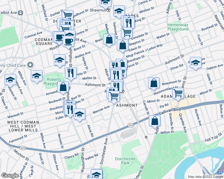 map of restaurants, bars, coffee shops, grocery stores, and more near 145 Ashmont Street in Boston